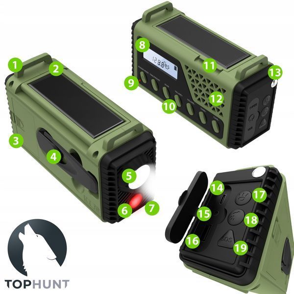 Радио портативное TOPHUNT 1199MAX 8000 мАч  Bluetooth солнечная панель  ручное динамо  фонарик SOS MK5902659179159 фото