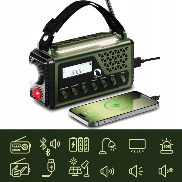 Радио портативное TOPHUNT 1199MAX 8000 мАч  Bluetooth солнечная панель  ручное динамо  фонарик SOS MK5902659179159 фото