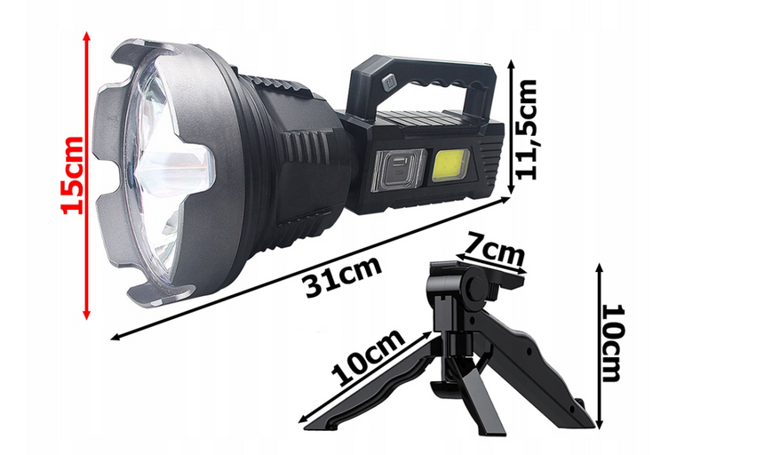 Ліхтар-прожектор акумуляторний Coba CB-T300 LED + COB лампа PowerBank та штатив чорний 500м xhp900 фото