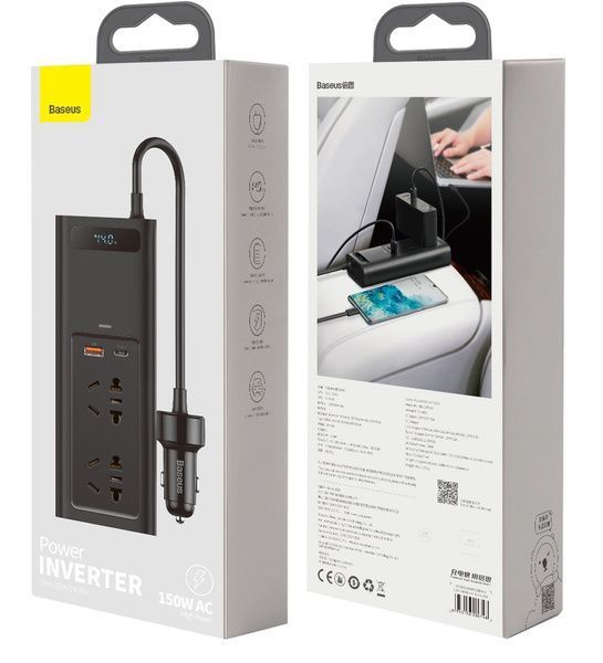 Автомобильный инвертор Baseus 150W 12V-220V черный, преобразователь напряжения в авто с USB и Type-C портами CRNBQ-A01_m фото